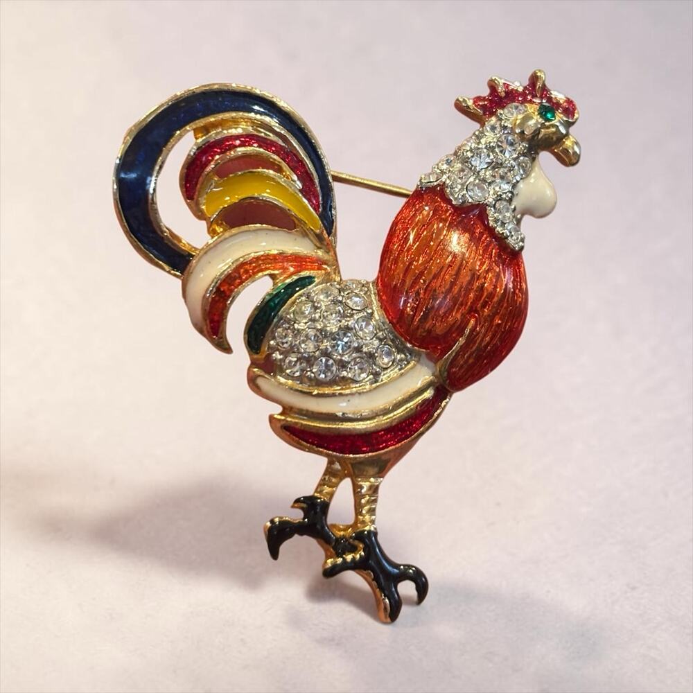 Rhinestone Rooster Brooch Colorful Enamel Red Gold Figural 1950s 60s Mid Century